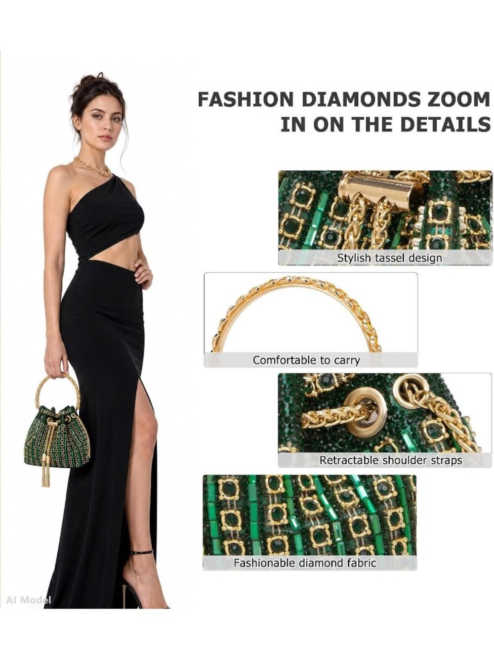 Women's Green Sparkly Rhinestone Clutch Purse Bucket Evening Bag with Chain - Picture 6 of 6